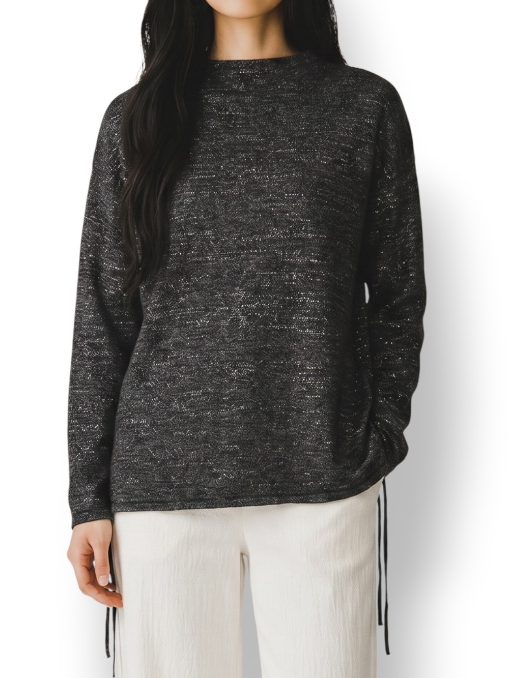 4/$20 Pure Jill Black Marled Cotton Side Tie Sweater Top Petite M Relaxed Knit